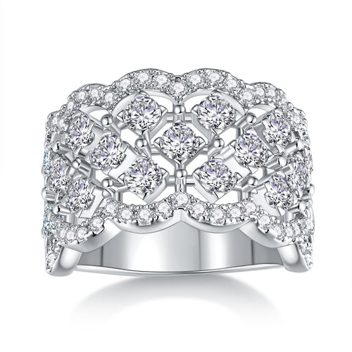 Lace Snowflake Moissanite Ring - 18-Stone D Color 3EX Cut, S925 Sterling Silver 18K White Gold Plated Snowflake Band