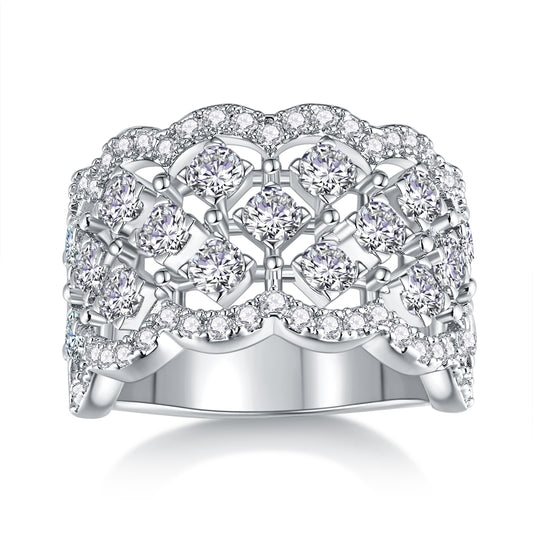 Lace Snowflake Moissanite Ring - 18-Stone D Color 3EX Cut, S925 Sterling Silver 18K White Gold Plated Snowflake Band