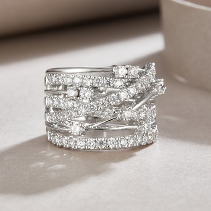 Starry Vessel Multi-Layer Moissanite Ring | 68 D Color 3EX Stones, 925 Sterling Silver with 18K White Gold Plating, GRA Certified