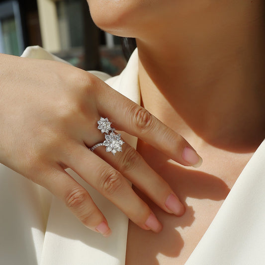 Petal Dew Double Flower Moissanite Ring | S925 Sterling Silver with 18K White Gold Plating (GRA Certified)