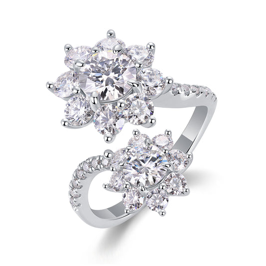 Petal Dew Double Flower Moissanite Ring | S925 Sterling Silver with 18K White Gold Plating (GRA Certified)